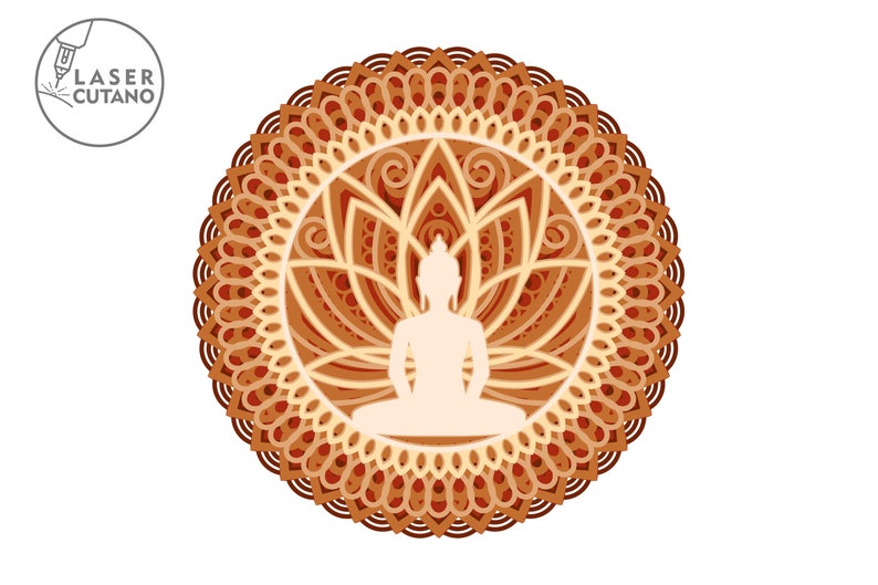 May include: A white silhouette of a meditating Buddha figure sits in the center of a brown and orange mandala with intricate floral designs.