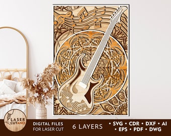 GUITAR Svg Cut Files for Laser Layered Svg Files and dxf file plasma, cnc files for wood router & music svg designs, music laser file | #315