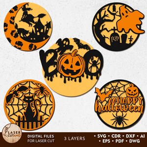 May include: Five round, orange and black Halloween-themed laser cut designs. The designs include a witch flying on a broomstick, a ghost, a pumpkin with the word "BOO" dripping from it, a black cat in a spider web, and a spider web with the words "Happy Halloween".