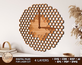 Wall Clock Laser Cut File Pdf Svg Cnc File and Clock Glowforge File, Watch Laser File & Clock Svg for Laser, Clock Dxf File Wall Art | #434