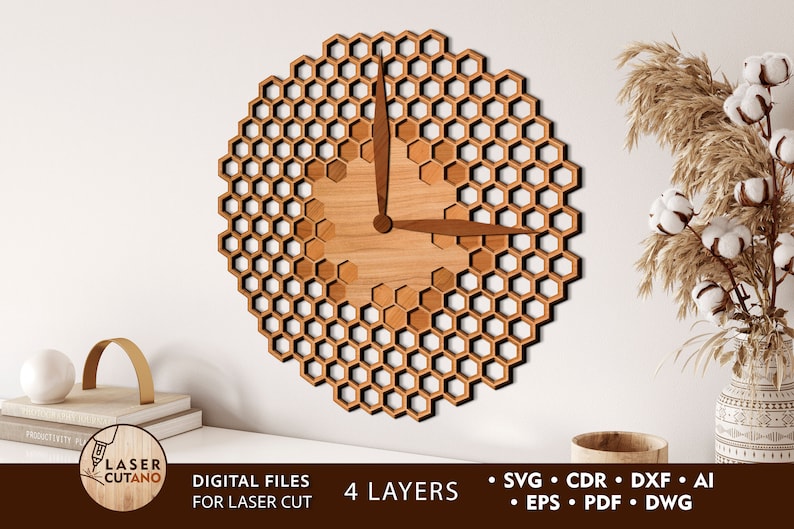 Wall Clock Laser Cut File Pdf Svg Cnc File and Clock Glowforge File, Watch Laser File & Clock Svg for Laser, Clock Dxf File Wall Art