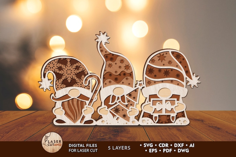 CHRISTMAS GNOMES Laser Cut Files Ornaments Dxf Files and Christmas Laser Design, Gnome Files for Xtool, laser cuttable files