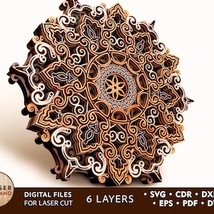 Lasergesneden MANDALA Dxf-bestand met gegraveerde en houten Mandala Art Laser gegraveerd, digitaal bestand Mandala van LaserCutano, uitgesneden cnc | #340