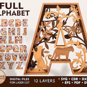 LETRAS Archivos cortados con láser Archivo DXF Alphabet SVG para Glowforge, Letras en capas cortadas con láser y alfabeto svg para cricut, Wall Art Cad Letters / #280