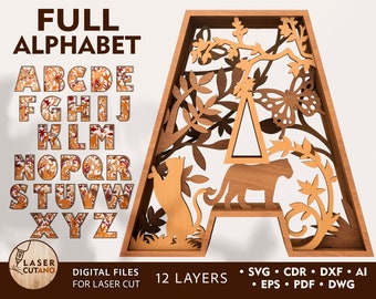 LETTERS Laser Cut Files DXF Alphabet SVG file for Glowforge, Laser Cut Layered Letter & Alphabet svg for cricut, Wall Art Cad Letters | #280