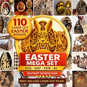 May include: A collection of laser-cut Easter designs, including eggs and bunnies. The image features a variety of wooden ornaments and decorations. Text on the image reads "110 Laser Cut Easter Designs" and "Easter Mega Set".