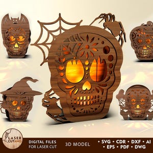 Portacandele di Halloween con teschio tagliato al laser, file laser SVG di Halloween, lanterna, lumino da tè DXF di Halloween, modello di taglio laser per lampada / #631