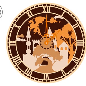 May include: A brown clock face with Roman numerals and a silhouette of a castle, a dragon, and trees. The clock face is surrounded by a brown frame.