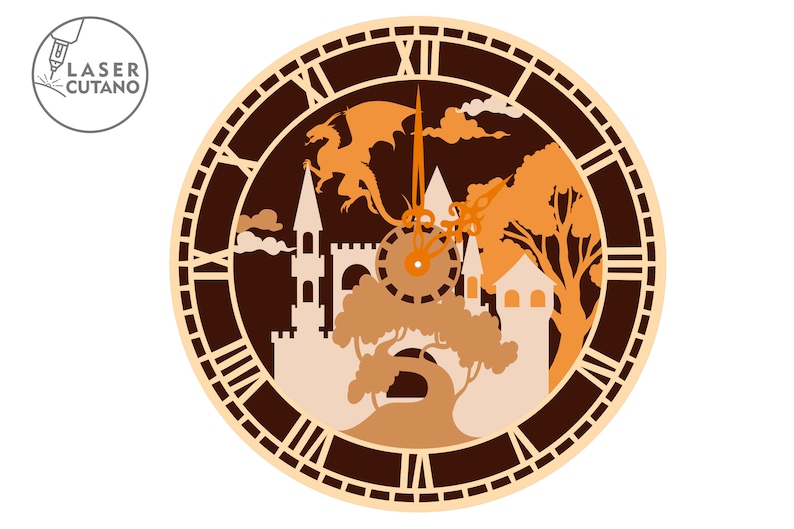 May include: A brown clock face with Roman numerals and a silhouette of a castle, a dragon, and trees. The clock face is surrounded by a brown frame.