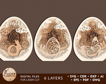 3 Huevos PASCUA Archivos cortados con láser Archivo Dxf para cnc y svg en capas de Pascua, decoración cortada con láser de archivos de corte de Pascua, Archivos Glowforge y regalo de Pascua / #392