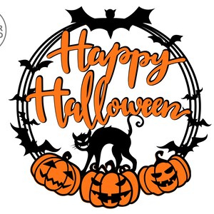 May include: Black and orange Halloween design with the text "Happy Halloween" in a wreath of bats. Three orange pumpkins with black faces are at the bottom of the design.