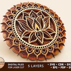 Multilayer Laser Cut DXF - MANDALA LOTUS - mandala svg files for cricut, 3d mandala svg, new laser cut file, dxf file for lasercut | #112