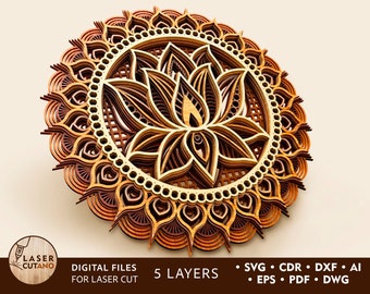 Multilayer Laser Cut DXF - MANDALA LOTUS - mandala svg files for cricut, 3d mandala svg, new laser cut file, dxf file for lasercut | #112