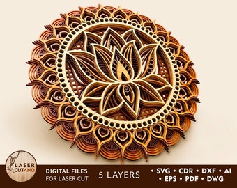 Multilayer Laser Cut DXF - MANDALA LOTUS - Mandala svg Dateien für Cricut, 3D Mandala svg, neue Lasercut Datei, dxf Datei für Lasercut | #112