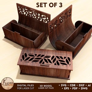 May include: A set of three wooden storage boxes and organizers. The boxes are a dark brown color and feature decorative cut-out designs. The text "SET OF 3" is at the top. The image also includes text that says "DIGITAL FILES FOR LASER CUT" and "3D MODEL LASER CUT FILES".