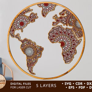 GLOBE MANDALA Laser Cut Files Svg Cricut en 3d mandala svg, gelaagde svg kaart en cut sjabloon, glowforge svg en patroon voor laser | #174