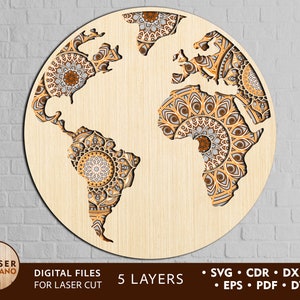 GLOBE Laser Cut File Map SVG voor cricut, Glowforge SVG DIY en laser SVG, Multi Layer Mandala Laser Cut en silhouet bestand, CNC hout | #170