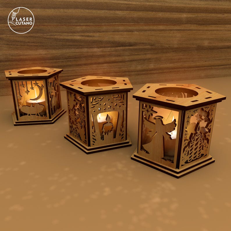 Christmas Tea Light Laser Files, Christmas Decor Svg Lantern Laser Cut, New Year Light Holder Glowforge, Laser Cutting Christmas Dxf