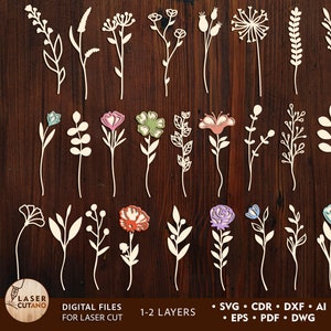 SVG Blumen Laser Cut Dateien Wildblumen SVG Bundle und Laser Cut Glowforge, Blumen Cnc Dateien und Blumen Dxf Dateien Muttertag | #580