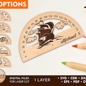 Régua transferidora Svg arquivo de corte a laser Régua de madeira personalizada e arquivo a laser escolar Lightburn, designs Dxf e Svg escolares, régua infantil | #454