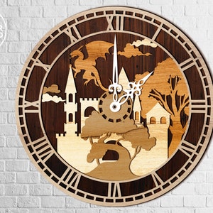 May include: A wooden clock with a detailed design of a castle, trees, and a dragon. The clock face has Roman numerals and the hands are pointing to 10:10.