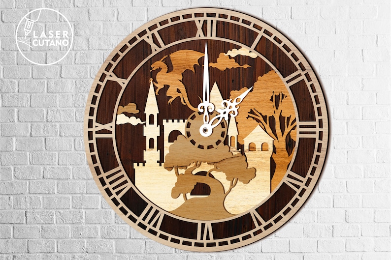 May include: A wooden clock with a detailed design of a castle, trees, and a dragon. The clock face has Roman numerals and the hands are pointing to 10:10.