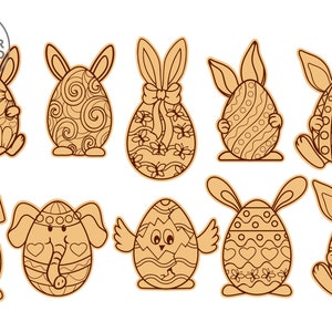 May include: Set of ten laser cut Easter egg designs featuring bunnies, an elephant, and a chick. Each egg has a different pattern and design.