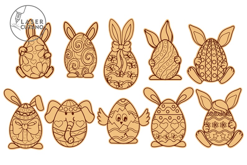 May include: Set of ten laser cut Easter egg designs featuring bunnies, an elephant, and a chick. Each egg has a different pattern and design.