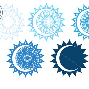 May include: Five blue and white mandala sun and moon designs. The designs are in various shades of blue and white. The designs are perfect for crafting, scrapbooking, and other creative projects.