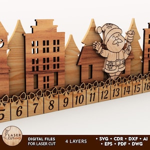 Fichier laser Svg calendrier de l'Avent, Noël calendrier compte à rebours Svg, calendrier Noël Noël fichier découpé au laser, calendrier Glowforge Dxf LightBurn | #626