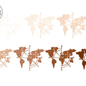 May include: Six different variations of a world map design with a compass rose. The maps are in shades of brown and white. The design is intricate and detailed, with a floral pattern.