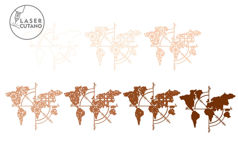 May include: Six different variations of a world map design with a compass rose. The maps are in shades of brown and white. The design is intricate and detailed, with a floral pattern.