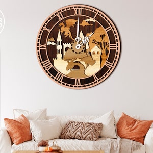 May include: A wooden clock with a detailed design of a castle, trees, and a dragon. The clock face is surrounded by Roman numerals and has a brown background.