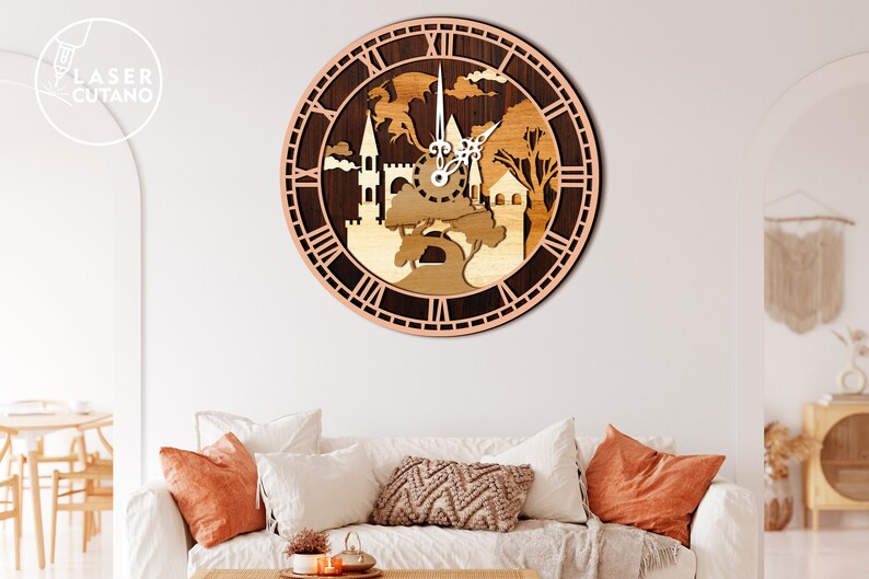 May include: A wooden clock with a detailed design of a castle, trees, and a dragon. The clock face is surrounded by Roman numerals and has a brown background.