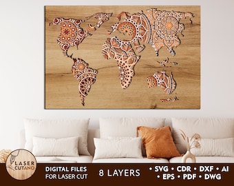 WORLD MAP Laser Files for Cutting Svg and map laser engraving, map cutting and wood laser cut maps, World Map Wall Art for Glowforge | #233
