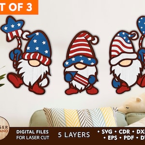 Fichier découpé au laser Svg Gnomes en couches ou fichier Svg Gnomes pour Cricut, fichiers laser Glowforge États-Unis et Amérique, fichier Svg du jour de l'indépendance patriotique | #449
