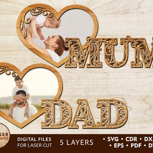 MUM DAD Laser Svg-bestanden Moederdag Laser Cut-bestand en moeder Laser Cut-bestand, fotolijst Moederdag Svg Glowforge & Laser Cut Moeder | #411