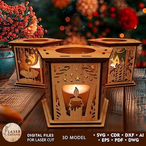 File laser per candele da tè di Natale, decorazioni natalizie SVG lanterna tagliata al laser, portacandele di Capodanno Glowforge, taglio laser di Natale DXF / #619