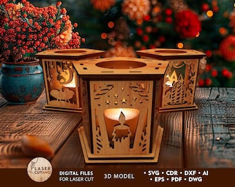 May include: Three wooden candle holders with intricate designs. The center holder features a star-shaped design with a candle inside. The other two holders have a more whimsical design with a moon and stars on one and a candle with a flame on the other.