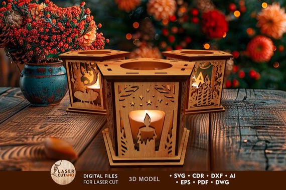 Christmas Tea Light Laser Files, Christmas Decor Svg Lantern Laser Cut, New Year Light Holder Glowforge, Laser Cutting Christmas Dxf | #619