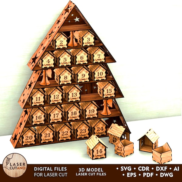 Fichier découpé au laser CALENDRIER DE L'AVENT Noël Svg Découpe laser pour bois Mdf, modèles Dxf Cnc Xtool Lightburn Décoration de Noël de Noël | #703