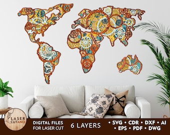 World Map Svg Files for Cricut Laser Cut Files STEAMPUNK MAP layered laser files and wall art laser cut, wood wall decor laser cut | #156