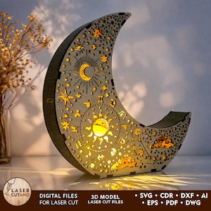 May include: A crescent moon-shaped wooden lamp with intricate cut-out designs of stars, suns, and zodiac symbols. The lamp is illuminated from within, casting a warm glow. The text "DIGITAL FILES FOR LASER CUT" and "3D MODEL LASER CUT FILES" are visible.