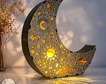 Moon Lantern SVG Night Light Laser Cut File, Wooden Tea Light Holder, Candle Holder DXF, LightBurn CNC Lamp Pattern | #720