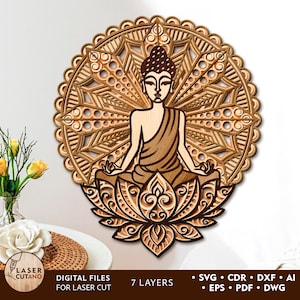 BUDDHA Mandala tagliato al laser File tagliato al laser a strati e Mandala tagliato al laser in legno, Glowforge 3D e arte della parete tagliata al laser, Yoga tagliato al laser / #514