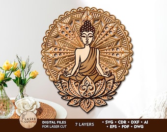 BUDDHA Laser Cut Mandala Layered Laser Cut File and Wooden Laser Cut Mandala, Glowforge 3D and Laser Cut Wall Art, Laser Cut Yoga | #514