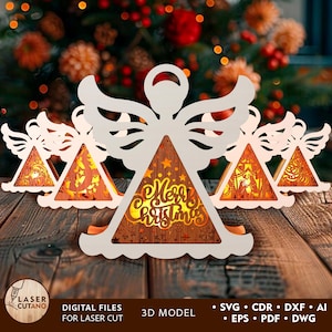 Engel Weihnachtskerzenhalter Laserdateien, Weihnachten Laserdateien, Kerzenhalter Laser Neujahr Dekor, Laser gravierte Lampenvorlage | #646