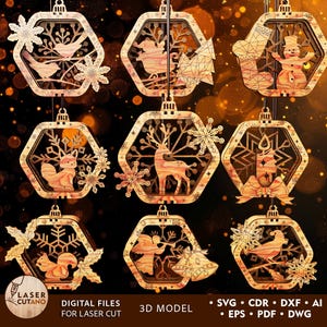 Christmas Ornaments Laser Engraved, Christmas Laser Cut File, 3D Svg File Christmas Glowforge, Decoration Christmas Dxf Laser Cutting | #650