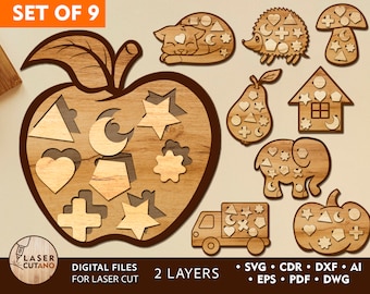 Montessori Kids Puzzle Laser Cut File Shape Sorter and Laser Cut Puzzle Svg, Jigsaw Puzzle Svg Laser Cutting & Wooden Glowforge Cnc | #418