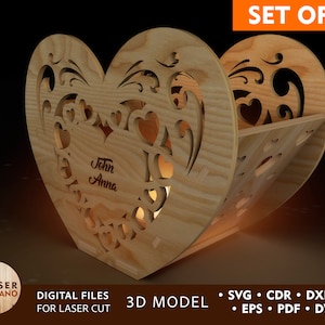 キャンドルホルダー ハート レーザーカット ファイル DXF ファイル (カット用)、SVG テンプレート Glowforge、ラブ ランタン レーザー ファイル、バレンタイン ギフト ボックス | #401